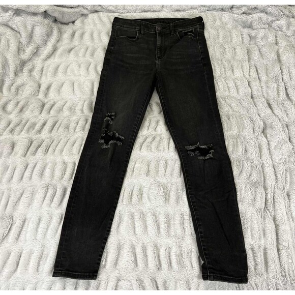 American Eagle Jeans Womens 8 Super Hi Rise Jegging Black Distressed Stretch - Picture 1 of 9